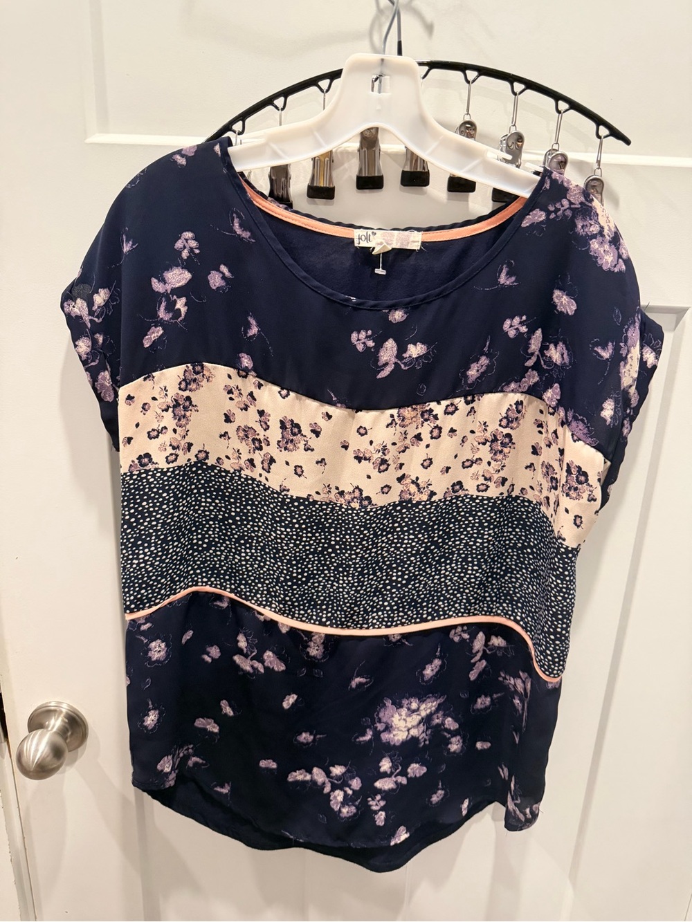 Jolt Women’s Mixed Print Floral Polka Dot Blouse Navy Pink Size L